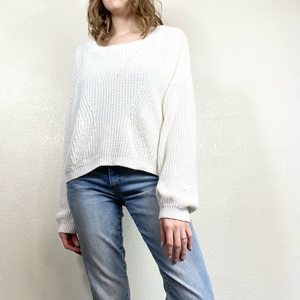 Express White Knit Cutout Back Balloon Sleeve Sweater